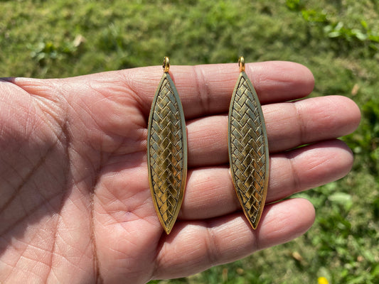 Long Leaves Charm for Earrings or Necklace Pendant, Non Tarnish Brushed Gold Overlay, Earring Components, Jewelry Making Findings, Leaf