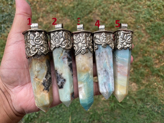 Long Pointed Amazonite Crystal Tibetan Silver Pendant, Unique Design, Healing Point Crystal, Obelisk Crystal, Balancing Gem, Unique Jewelry