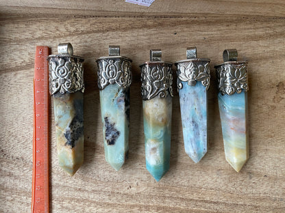 Long Pointed Amazonite Crystal Tibetan Silver Pendant, Unique Design, Healing Point Crystal, Obelisk Crystal, Balancing Gem, Unique Jewelry