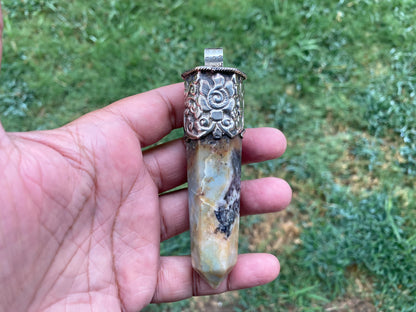 Long Pointed Amazonite Crystal Tibetan Silver Pendant, Unique Design, Healing Point Crystal, Obelisk Crystal, Balancing Gem, Unique Jewelry