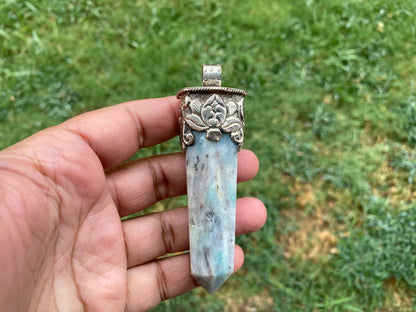 Long Pointed Amazonite Crystal Tibetan Silver Pendant, Unique Design, Healing Point Crystal, Obelisk Crystal, Balancing Gem, Unique Jewelry