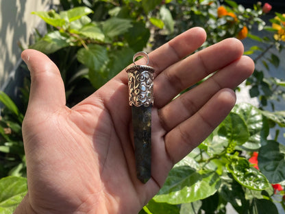 Long Pointed Natural Labradorite Gemstone Tibetan Silver Pendant | Unique Aesthetic Pendant, Pendant for Necklace, Bohemian Jewelry, Gift