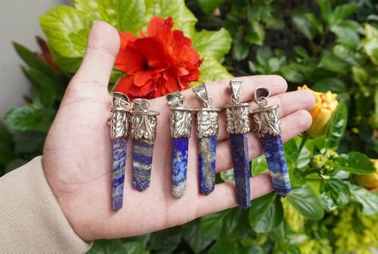 Long Pointed Natural Lapis Lazuli with Red Coral Gemstone Tibetan Silver Pendant | Light Weight Pendant for Necklace, Spiritual Jewlery