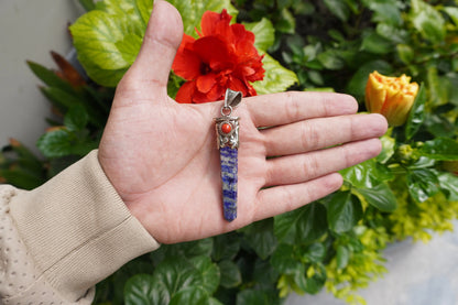 Long Pointed Natural Lapis Lazuli with Red Coral Gemstone Tibetan Silver Pendant | Light Weight Pendant for Necklace, Spiritual Jewlery