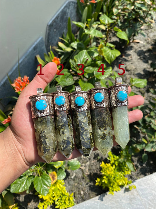 Long Raw Pointed Prehnite natural Stone Tibetan Silver Pendant, Prehnite Crystal Quartz, Healing Crystal Point, Earthy Jewel with turquoise