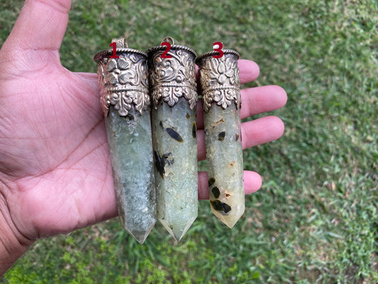 Long Raw Pointed Prehnite natural Stone Tibetan Silver Pendant, Prehnite Crystal Quartz, Healing Crystal Point, Reiki Chakra, Earthy Jewelry