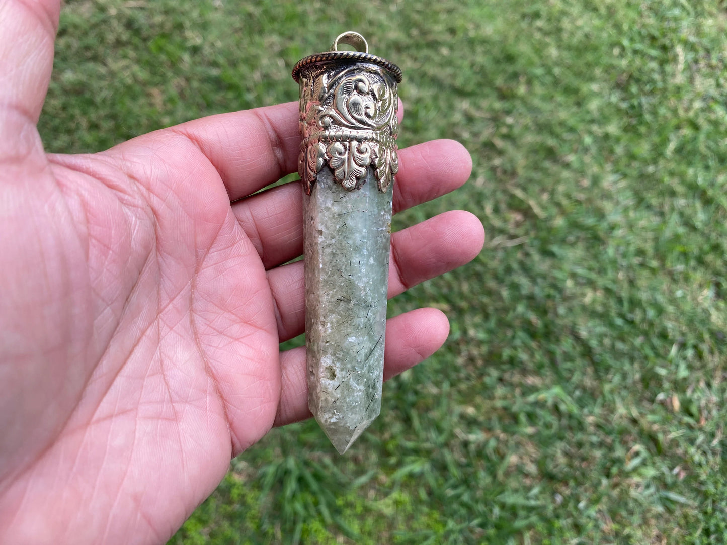 Long Raw Pointed Prehnite natural Stone Tibetan Silver Pendant, Prehnite Crystal Quartz, Healing Crystal Point, Reiki Chakra, Earthy Jewelry