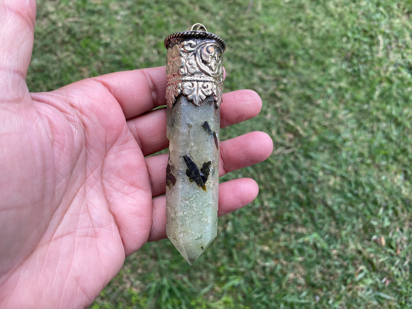 Long Raw Pointed Prehnite natural Stone Tibetan Silver Pendant, Prehnite Crystal Quartz, Healing Crystal Point, Reiki Chakra, Earthy Jewelry