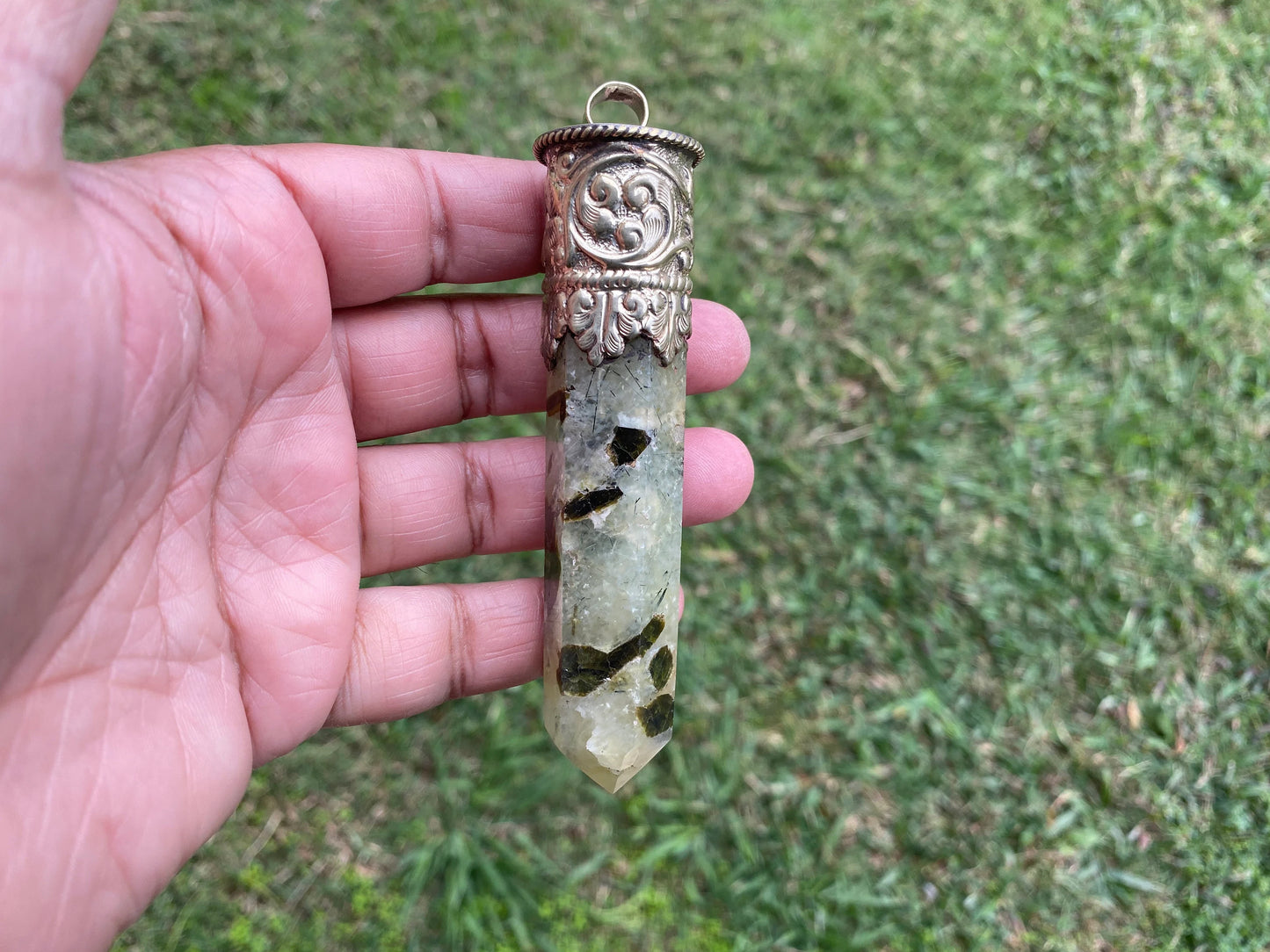 Long Raw Pointed Prehnite natural Stone Tibetan Silver Pendant, Prehnite Crystal Quartz, Healing Crystal Point, Reiki Chakra, Earthy Jewelry
