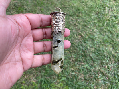 Long Raw Pointed Prehnite natural Stone Tibetan Silver Pendant, Prehnite Crystal Quartz, Healing Crystal Point, Reiki Chakra, Earthy Jewelry