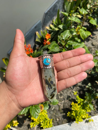 Long Raw Pointed Prehnite natural Stone Tibetan Silver Pendant, Prehnite Crystal Quartz, Healing Crystal Point, Reiki Chakra, Earthy Jewelry
