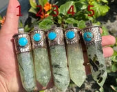 Long Raw Pointed Prehnite natural Stone Tibetan Silver Pendant, Prehnite Crystal Quartz, Healing Crystal Point, Reiki Chakra, Earthy Jewelry