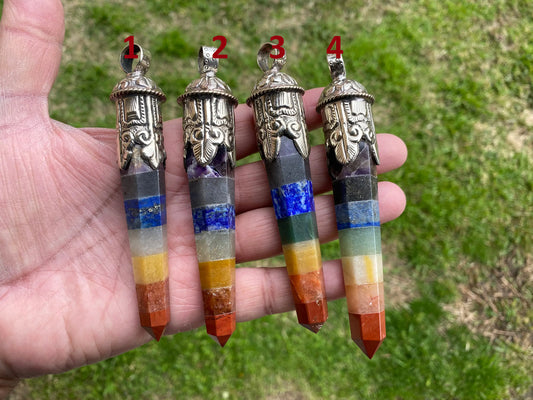 Long Seven Chakra Crystal Point Tibetan Silver Pendant, Multi gemstone Pendant for Necklace, Healing Crystal, Boho Pendant, Hippie Pendant,