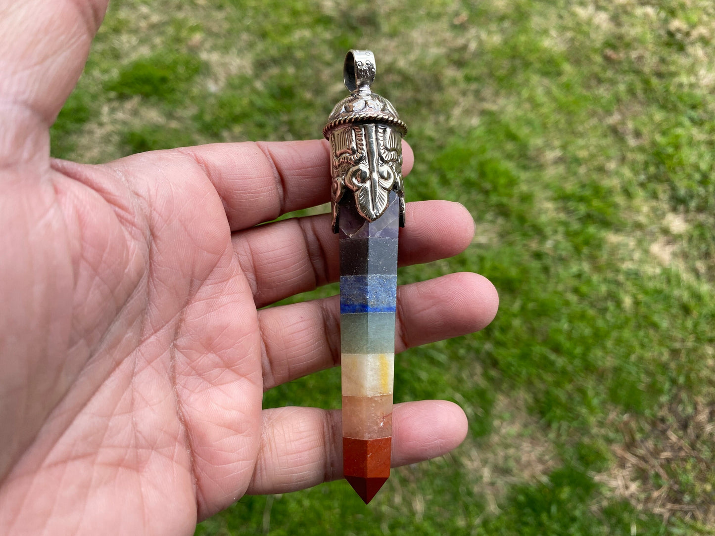 Long Seven Chakra Crystal Point Tibetan Silver Pendant, Multi gemstone Pendant for Necklace, Healing Crystal, Boho Pendant, Hippie Pendant,
