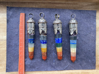 Long Seven Chakra Crystal Point Tibetan Silver Pendant, Multi gemstone Pendant for Necklace, Healing Crystal, Boho Pendant, Hippie Pendant,