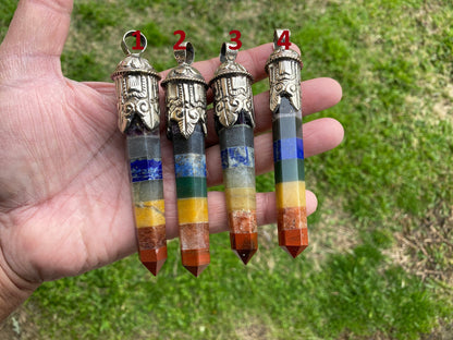 Long Seven Chakra Crystal Point Tibetan Silver Pendant, Multi gemstone Pendant for Necklace, Healing Crystal, Boho Pendant, Hippie Pendant,