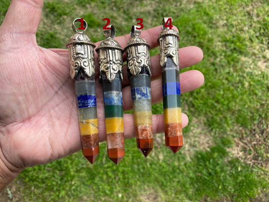 Long Seven Chakra Crystal Point Tibetan Silver Pendant, Multi gemstone Pendant for Necklace, Healing Crystal, Boho Pendant, Hippie Pendant,