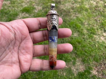 Long Seven Chakra Crystal Point Tibetan Silver Pendant, Multi gemstone Pendant for Necklace, Healing Crystal, Boho Pendant, Hippie Pendant,
