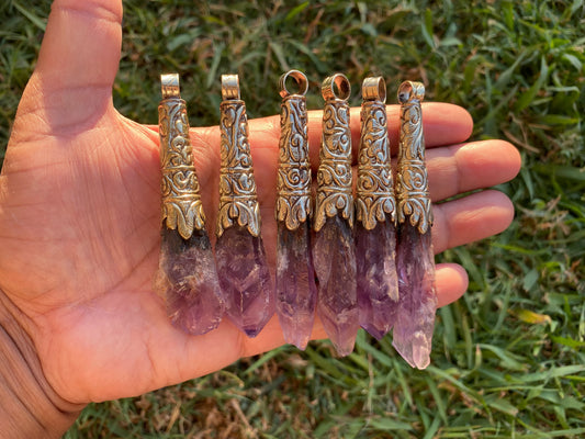 Long Shape Raw Amethyst Tibetan Silver Pendant, Natural Stone, Healing Crystal, Purple Crystal, Energy Stone, Spiritual Jewelry, Boho Chic