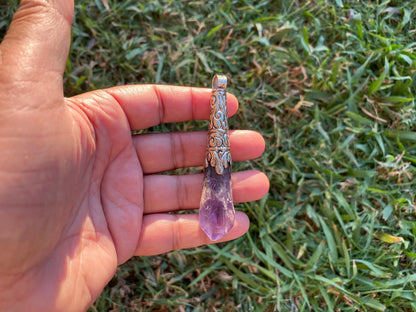 Long Shape Raw Amethyst Tibetan Silver Pendant, Natural Stone, Healing Crystal, Purple Crystal, Energy Stone, Spiritual Jewelry, Boho Chic