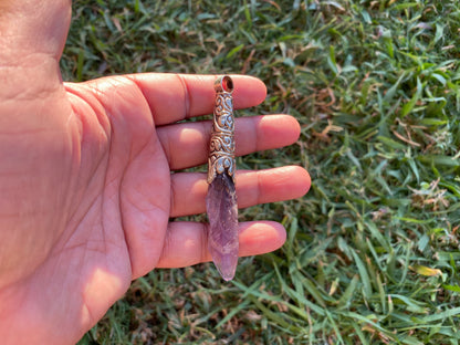 Long Shape Raw Amethyst Tibetan Silver Pendant, Natural Stone, Healing Crystal, Purple Crystal, Energy Stone, Spiritual Jewelry, Boho Chic