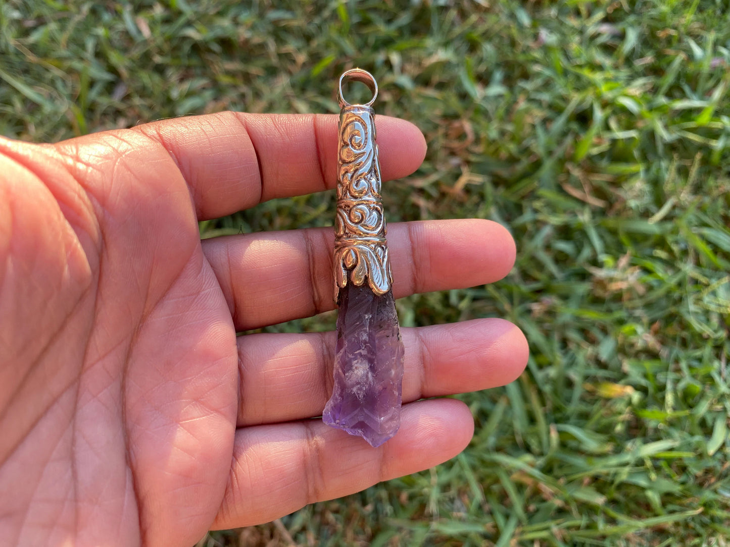 Long Shape Raw Amethyst Tibetan Silver Pendant, Natural Stone, Healing Crystal, Fashion Statement, Crystal Vibrations, Purple Crystal