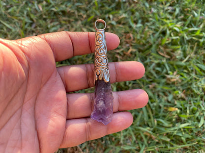 Long Shape Raw Amethyst Tibetan Silver Pendant, Natural Stone, Healing Crystal, Fashion Statement, Crystal Vibrations, Purple Crystal
