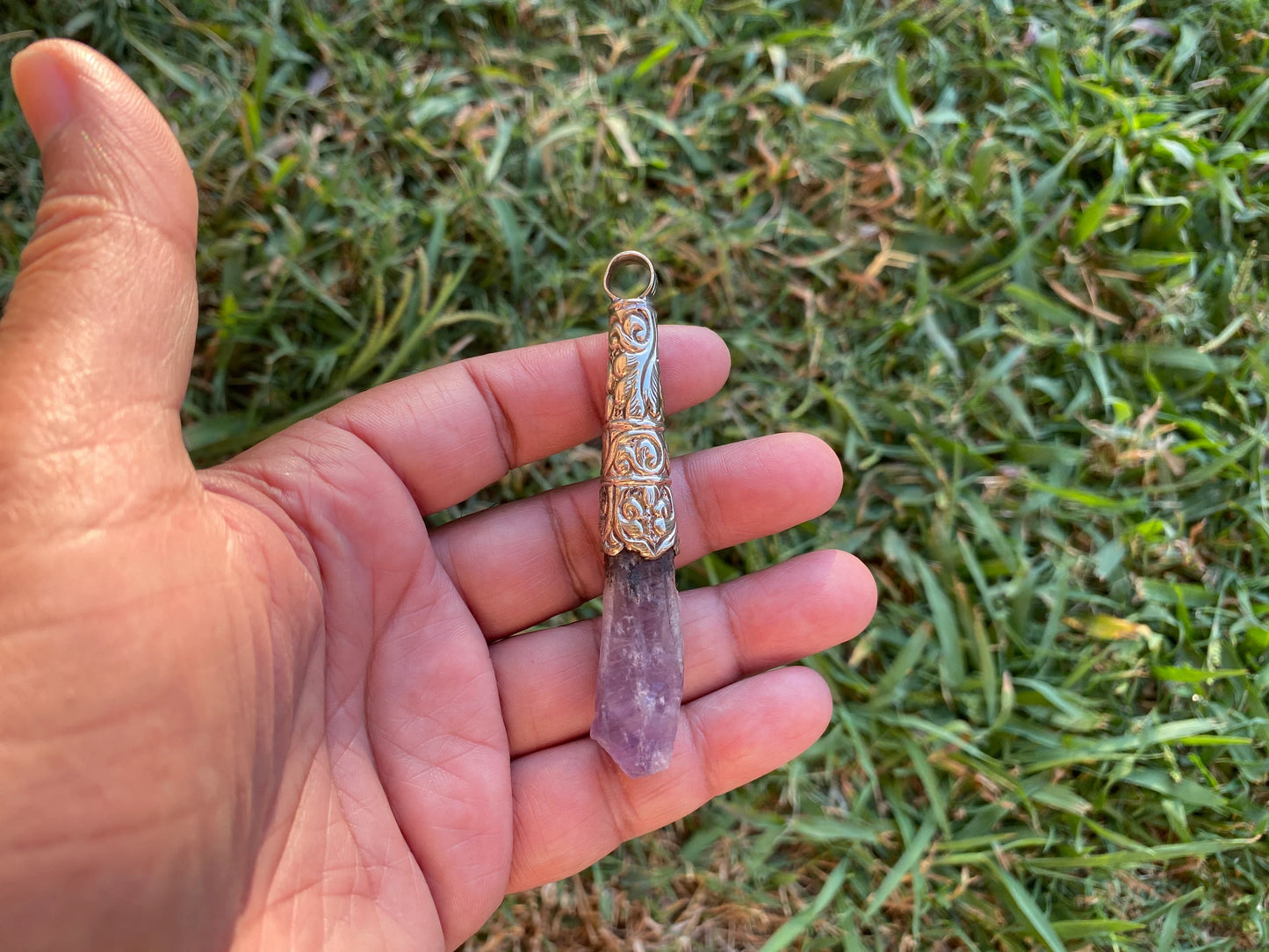 Long Shape Raw Amethyst Tibetan Silver Pendant, Natural Stone, Healing Crystal, Fashion Statement, Crystal Vibrations, Purple Crystal