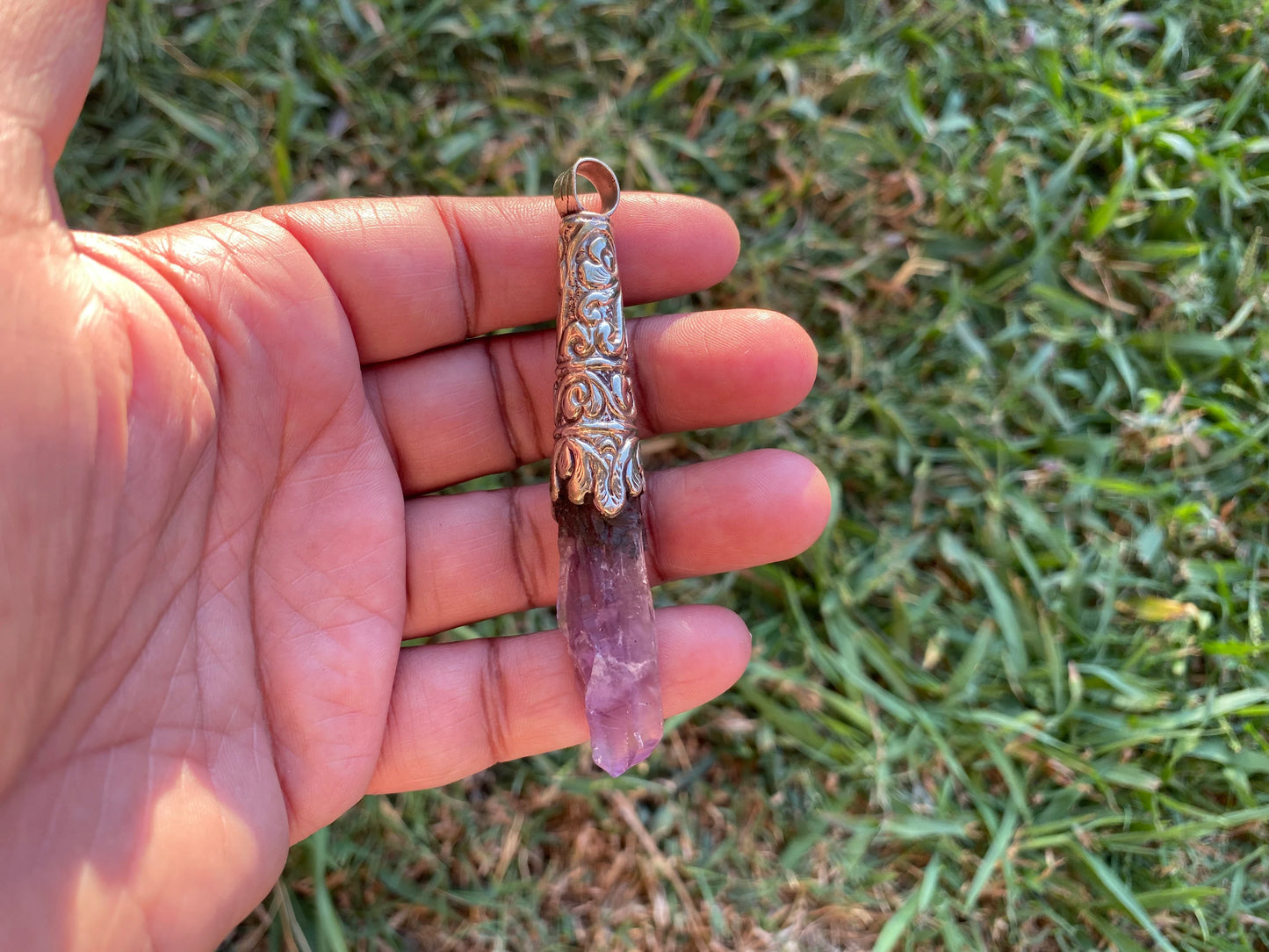 Long Shape Raw Amethyst Tibetan Silver Pendant, Natural Stone, Healing Crystal, Fashion Statement, Crystal Vibrations, Purple Crystal