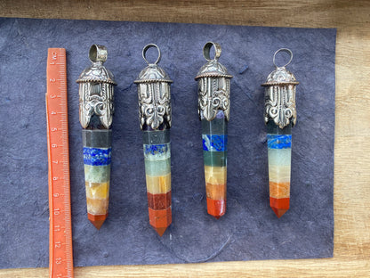 Long Unique 7 Chakra Crystal Point Tibetan Silver Pendant, Chakra Jewelry, Healing Crystal Jewellery, Boho Pendant, Hippie Big Pendant,