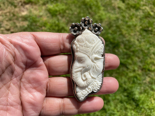 Lord Ganesh Carved Buffalo Bone Tibetan Silver Pendant, Hindu Jewelry, Yoga Pendant, Ethnic Jewelry, Spiritual Pendant, for Men or Women