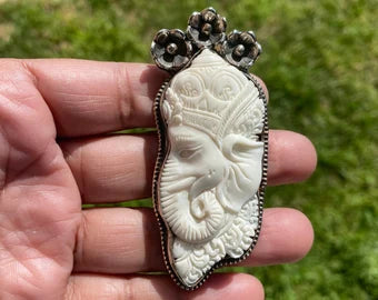 Lord Ganesh Carved Buffalo Bone Tibetan Silver Pendant, Hindu Jewelry, Yoga Pendant, Ethnic Jewelry, Spiritual Pendant, for Men or Women