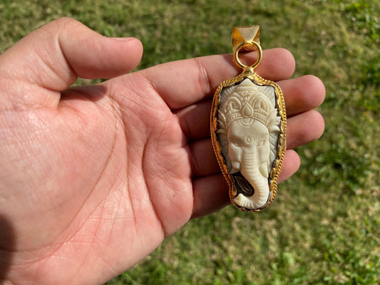 Lord Ganesh High Quality 18K Brushed Gold Overlay Non Tarnish Tibetan Pendant, Buffalo Bone, Yoga Pendant, Ethnic Jewelry, Spiritual Pendant