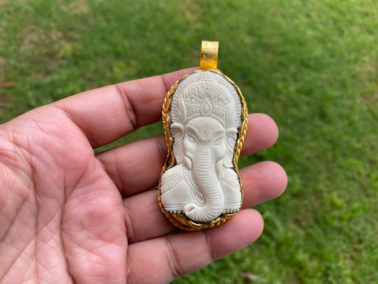 Lord Ganesh High Quality 18K Brushed Gold Overlay Non Tarnish Tibetan Pendant, Buffalo Bone, Yoga Pendant, Ethnic Jewelry, Spiritual Pendant