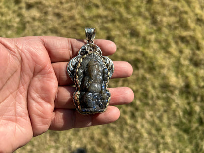 Lord Ganesh Labradorite Pendant, Known As the Remover of Obstacles, Tibetan Silver, Hindu Amulet, Spiritual Jewelry, Stone Carved Ganesh