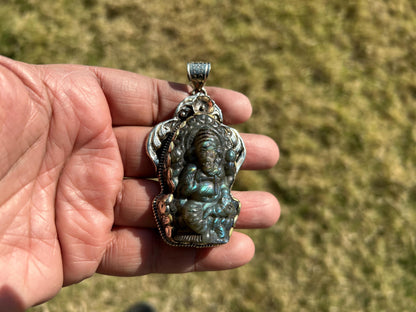 Lord Ganesh Labradorite Pendant, Known As the Remover of Obstacles, Tibetan Silver, Hindu Amulet, Spiritual Jewelry, Stone Carved Ganesh