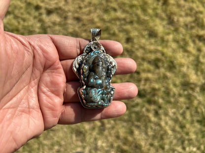 Lord Ganesh Labradorite Pendant, Known As the Remover of Obstacles, Tibetan Silver, Hindu Amulet, Spiritual Jewelry, Stone Carved Ganesh