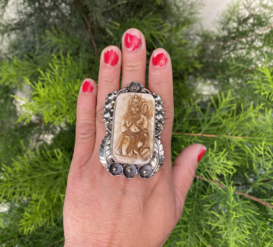 Lord Hanuman Hand carved Buffalo Bone Tibetan Silver Ring, for Men or Women, Hindu God Deity Protection Powerful Ring, Spiritual Ring