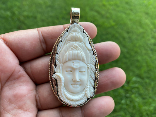 Lord Shiva Hand carved Buffalo Bone Tibetan Silver Pendant, for Men or Women, Hindu God Deity Protection Powerful Amulet, Spiritual Amulet