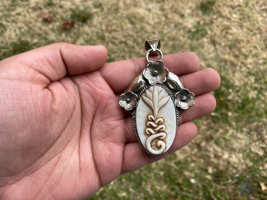 Lotus and Sacred Geometry Hand Carved Bone Tibetan Silver Pendant. Yoga Symbol of Wisdom & Path to Perfection, Buddhism Design. Unisex, Boho