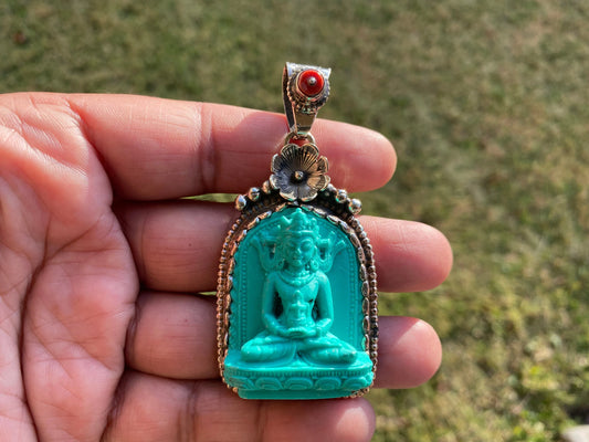 Maitreya Buddha Stabilized Turquoise with Coral Gemstone Tibetan Silver  Pendant, Buddhist Jewelry, Buddhist Amulet, Spiritual Jewellery