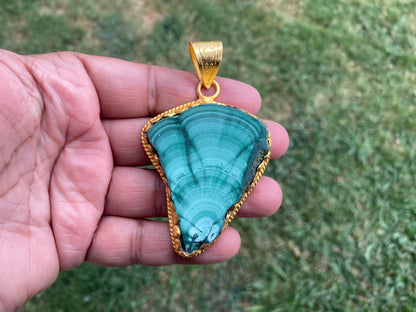 Malachite Pendant, Brushed Gold Overlay, Earthy Elegance, Green Gemstone, Nature-Inspired, Healing Stone, Gem of Transformation, Mineral