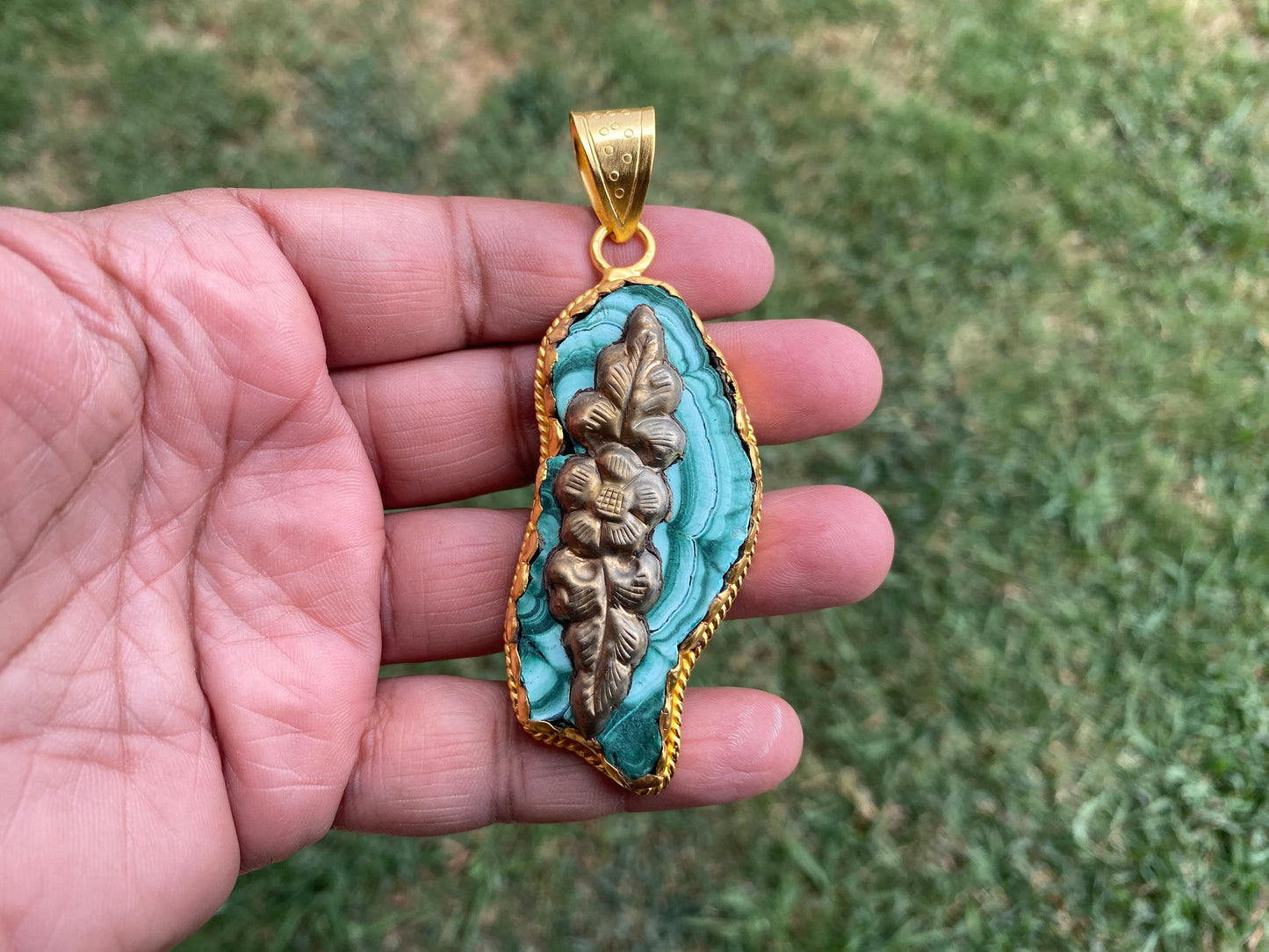 Malachite Pendant, Brushed Gold Overlay, Earthy Elegance, Green Gemstone, Nature-Inspired, Healing Stone, Gem of Transformation, Mineral