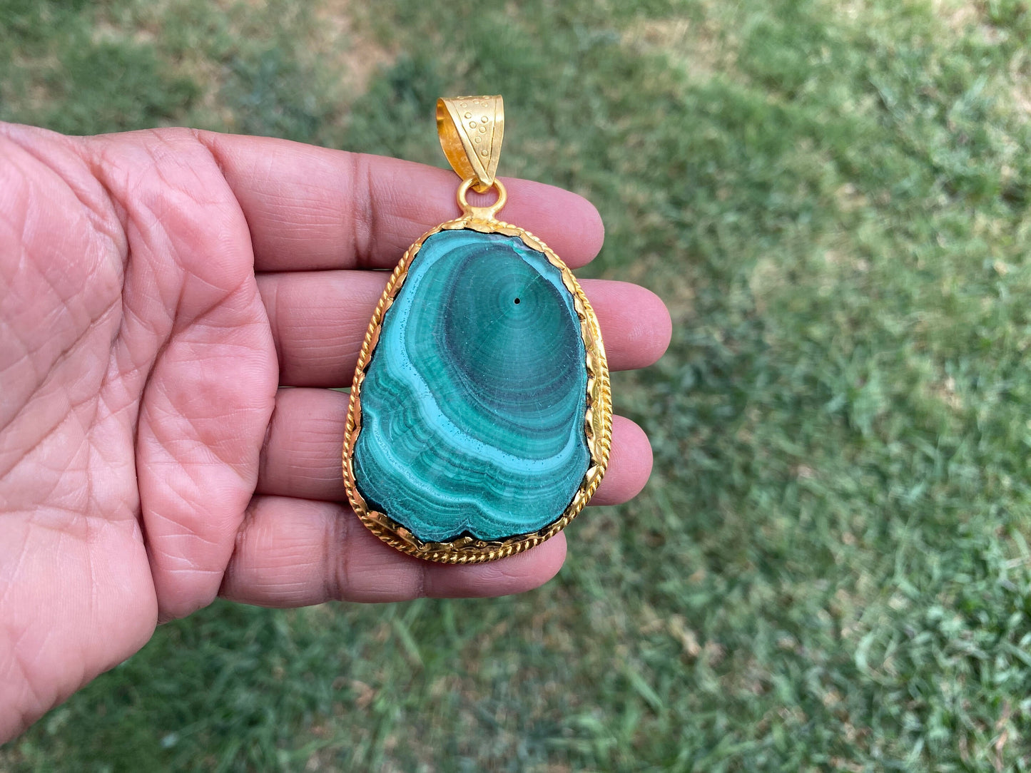 Malachite Pendant, Brushed Gold Overlay, Earthy Elegance, Green Gemstone, Nature-Inspired, Healing Stone, Gem of Transformation, Mineral