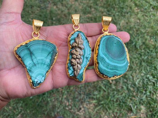 Malachite Pendant, Brushed Gold Overlay, Earthy Elegance, Green Gemstone, Nature-Inspired, Healing Stone, Gem of Transformation, Mineral