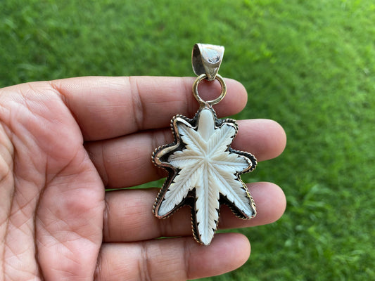 Marijuana Leaf Buffalo Bone Hand Carved Tibetan Silver Pendant, Weed Leaf Locket for Men or Women, Unisex Jewelry, Cannabis Jewelry, Boho