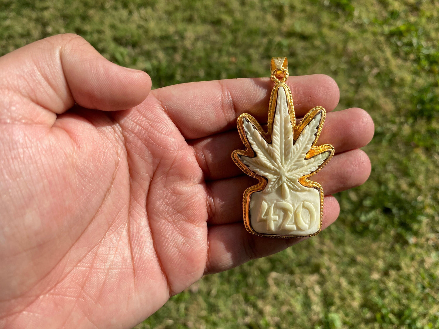 Marijuana Leaf Buffalo Bone Pendant, Non Tarnish Gold Overlay, Weed Leaf Jewelry for Men or Women, Unisex Jewelry, Cannabis Leaf 420 Jewelry