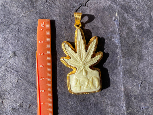 Marijuana Leaf Buffalo Bone Pendant, Non Tarnish Gold Overlay, Weed Leaf Jewelry for Men or Women, Unisex Jewelry, Cannabis Leaf 420 Jewelry