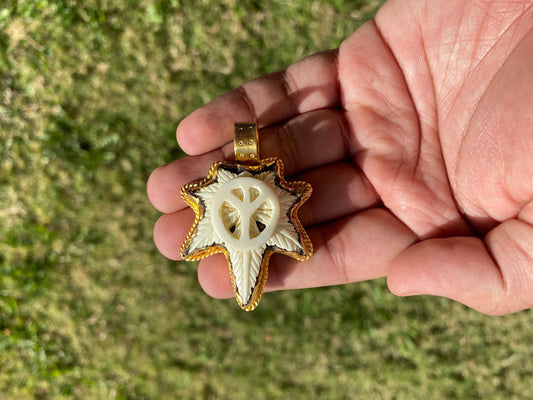 Marijuana Leaf with Peace Sign Buffalo Bone Pendant, Non Tarnish Gold Overlay, Weed Leaf Jewelry, Unisex Jewelry, Cannabis Leaf Jewelry