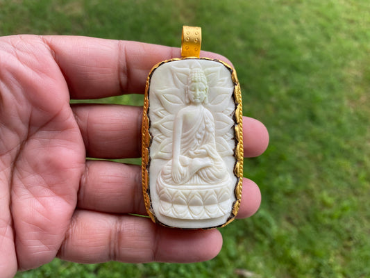 Meditating Buddha Pendant, High Quality Matte Gold Overlay Non Tarnish, Buffalo Bone Tibetan Jewelry, Buddhist Jewelry, Unisex, Spiritual
